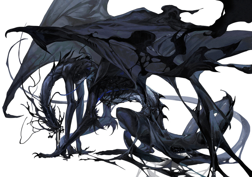 absurdres black_fire black_liquid black_skin colored_skin deepsea9013 eldritch_abomination extra_arms fire from_side highres long_tail monster monster_focus no_humans original oversized_wings simple_background solo tail white_background wings