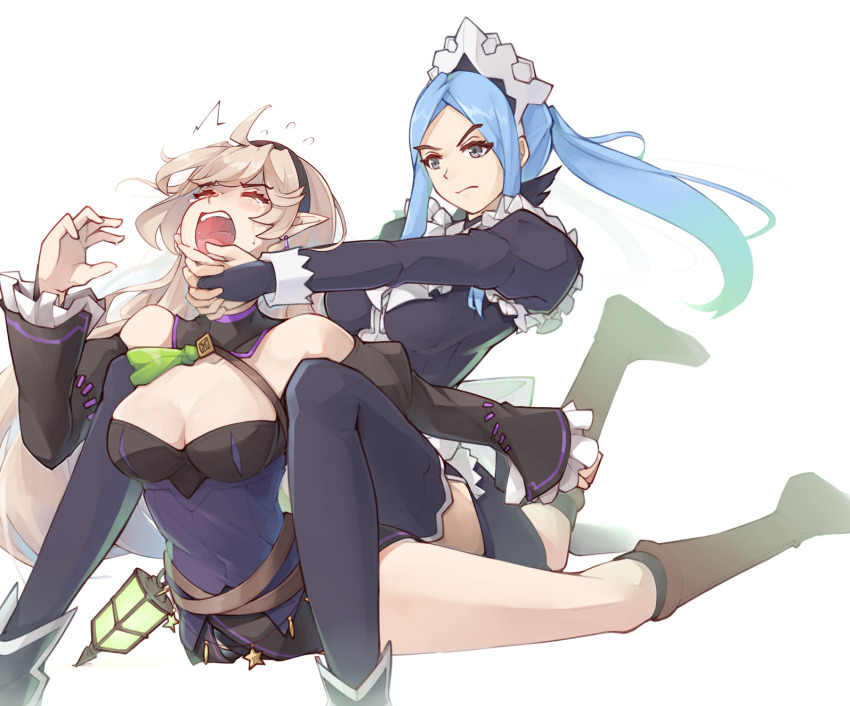 &gt;:( 2girls ahoge bare_shoulders belt black_dress black_gloves black_hairband blue_hair boots brown_belt brown_footwear corrin_(female)_(fire_emblem) corrin_(female)_(halloween)_(fire_emblem) detached_collar dress fire_emblem fire_emblem_fates fire_emblem_heroes flora_(fire_emblem) gloves grey_eyes grey_hair hairband halterneck hand_up highres jaegan juliet_sleeves kneepits long_hair long_sleeves multiple_girls nintendo off-shoulder_dress off_shoulder official_alternate_costume open_mouth poi puffy_sleeves ryona simple_background tears thighs v-shaped_eyebrows white_background wrestling