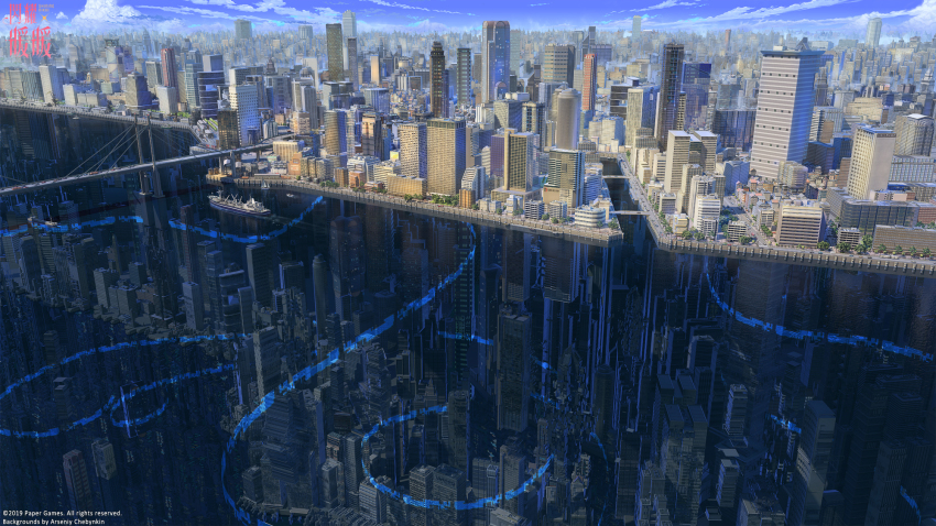 3d arsenixc artist_name boat box_truck bridge building car city cityscape cloud commentary_request copyright_name copyright_notice crane_(machine) highres motor_vehicle nikki_(series) no_humans partial_commentary road sailboat scenery science_fiction semi_truck shining_nikki shinning_nikki ship sky skyscraper street suspension_bridge truck watercraft watermark