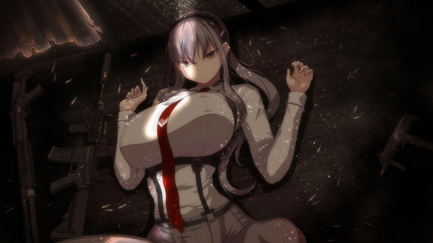 1girl alternate_breast_size assault_rifle benelli_m4_super_90 black_survival breasts bullet eternal_return:_black_survival grey_eyes grey_hair gun hair_between_eyes haze_(black_survival) highres huge_breasts long_hair looking_at_viewer lying necktie on_back red_necktie rifle shirt shotgun solo underbust upper_body weapon weapon_request white_shirt xognsyoon970