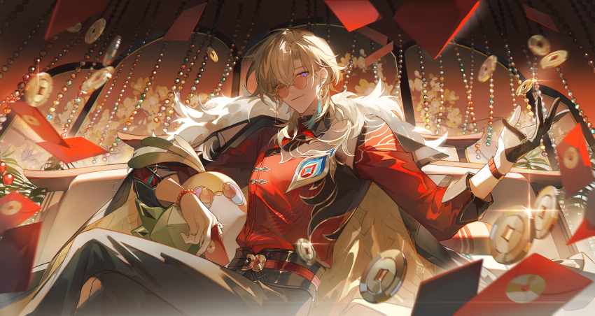 1boy absurdres aventurine_(honkai:_star_rail) aventurine_(jiaduobao)_(honkai:_star_rail) bag bead_bracelet beads black_coat black_gloves black_pants blonde_hair blue_eyes bracelet chinese_clothes chinese_commentary coat coin commentary_request earrings eyewear_strap folding_screen fur-trimmed_coat fur_trim glint gloves half_gloves hand_up highres holding holding_stuffed_toy holed_coin hongbao honkai:_star_rail honkai_(series) jewelry lieshang773 looking_down male_focus mandarin_collar multicolored_eyes multiple_rings official_alternate_costume origami_bird_(honkai:_star_rail) pants pink-tinted_eyewear purple_eyes red_shirt ring shirt shopping_bag short_hair single_earring single_glove smile smirk solo stuffed_toy sunglasses tinted_eyewear two-tone_eyes watch wristwatch yuanbao