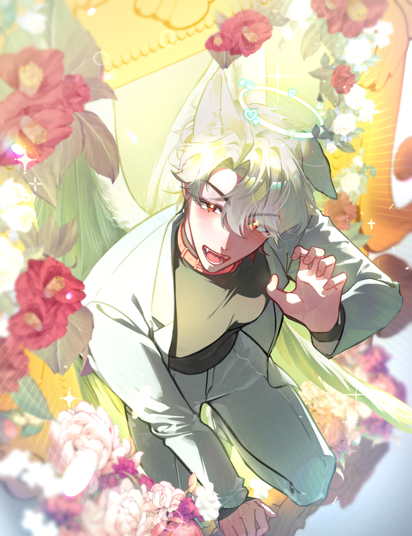 1boy absurdres animal_ears belt_collar collar dong100art eunho_(plave) eyes_visible_through_hair flower from_above hair_between_eyes halo highres jacket k-pop long_sleeves looking_at_viewer male_focus open_clothes open_jacket open_mouth pants parted_bangs paw_pose plave red_eyes red_flower smile solo white_hair white_jacket white_pants