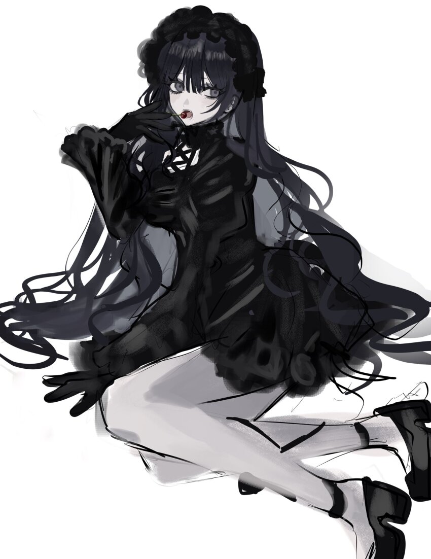 1girl akai_ringo_(eveyuno) black_dress black_hair black_hairband black_ribbon dress eating grey_eyes hairband highres neck_ribbon non-web_source open_mouth original ribbon sitting solo white_background