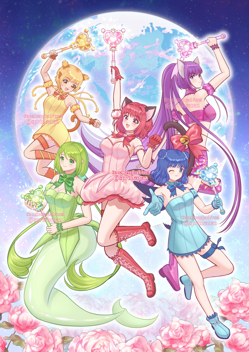 5girls aizawa_mint animal_ears bare_shoulders bell bird_girl bird_tail bird_wings blonde_hair blue_eyes blue_hair bow braid breasts cat_ears cat_girl cat_tail choker cleavage clip_studio_paint_(medium) commentary detached_sleeves double_bun dress english_commentary fong_pudding frilled_thigh_strap fujiwara_zakuro gloves green_choker green_eyes green_hair green_leotard hair_bun highres holding holding_wand jingle_bell leotard long_hair looking_at_viewer magical_girl mermaid mew_ichigo mew_lettuce mew_mint mew_pudding mew_zakuro midorikawa_lettuce midriff momomiya_ichigo monkey_ears monkey_girl monkey_tail monster_girl multiple_girls nao_(sprinkanao) open_mouth pink_choker pink_eyes pink_hair puffy_detached_sleeves puffy_sleeves purple_choker purple_eyes purple_hair purple_tube_top red_gloves short_hair smile strapless tail tail_bell tail_bow tail_ornament thigh_strap tokyo_mew_mew tokyo_mew_mew_new tube_top wand watermark wings wolf_ears wolf_girl