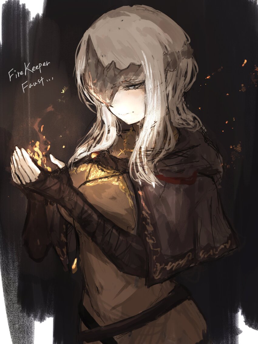 1girl absurdres akita_(akitakipuromun) bandaged_arm bandages black_bandages blue_eyes breasts brown_cape brown_dress cape closed_mouth commentary cosplay covered_navel dark_souls_(series) dark_souls_iii dress english_commentary english_text faust_(project_moon) fire_keeper fire_keeper_(cosplay) grey_headband headband highres holding_flame large_breasts limbus_company medium_hair project_moon solo standing white_hair