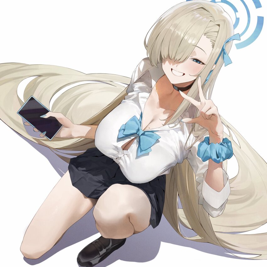1girl asuna_(blue_archive) asuna_(school_uniform)_(blue_archive) black_skirt blonde_hair blue_archive blue_eyes blue_scrunchie bow bowtie breasts cleavage commentary_typo grin hair_over_one_eye halo highres holding holding_phone large_breasts long_hair mole mole_on_breast phone pleated_skirt school_uniform scrunchie shirt skirt smile solo v white_shirt wrist_scrunchie yu_(ba9ama)