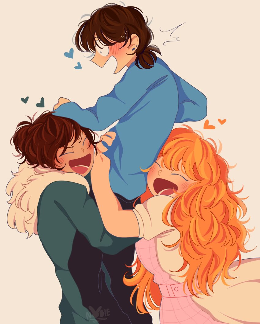 1boy 2girls :d artist_self-insert blue_coat blush brown_hair carrying carrying_person closed_eyes coat constricted_pupils dress earrings feet_out_of_frame from_side fur_collar hand_on_another&#039;s_head heart highres hugging_another&#039;s_leg jewelry long_hair low_ponytail main_character_(our_life) multicolored_dress multiple_girls nobi33ka open_mouth orange_hair our_life our_life:_now_and_forever pink_dress polyamory ponytail qiu_lin_(our_life) smile stud_earrings sweatdrop tamarack_baumann upper_body very_long_hair wavy_hair white_dress wide-eyed winter_clothes winter_coat