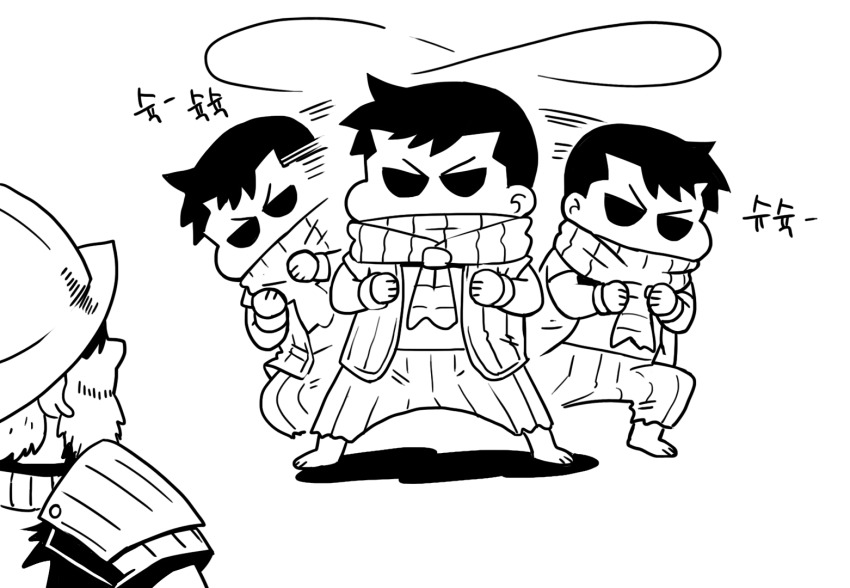 2boys afterimage armor ascot bandana barefoot boxing clenched_hands darkest_dungeon darkest_dungeon_ii dempsey_roll facial_hair greyscale guard helmet highwayman_(darkest_dungeon) jacket korean_text monochrome multiple_boys scene_reference spoilers translation_request varamill
