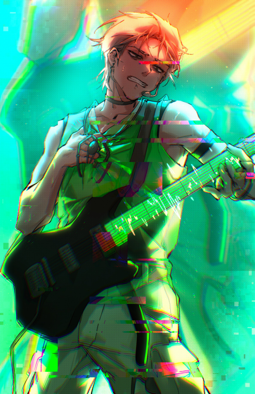 1boy absurdres alien_stage armband chinese_commentary choker clenched_teeth clutching_chest commentary_request earrings glitch green_eyes green_tank_top grey_choker grey_hair guitar headset highres holding holding_guitar holding_instrument instrument jewelry male_focus microphone qingben075 short_hair tank_top teeth till_(alien_stage) very_short_hair zoom_layer