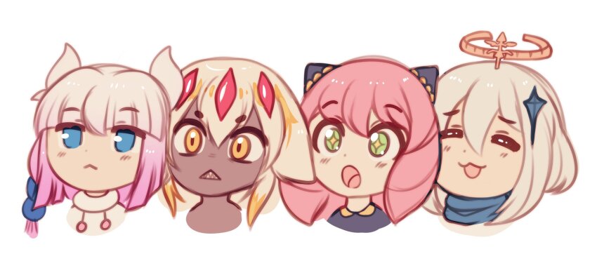 4girls :&lt; :o angry anya_(spy_x_family) blue_eyes child closed_eyes crossover dragon_horns eyebrows_hidden_by_hair faputa frown genshin_impact green_eyes hair_ornament halo happy highres horns kanna_kamui kobayashi-san_chi_no_maidragon long_hair made_in_abyss multicolored_hair multiple_girls open_mouth paimon_(genshin_impact) purple_hair raikissu scarf sharp_teeth short_hair smile spy_x_family star-shaped_pupils star_(symbol) streaked_hair surprised sweater symbol-shaped_pupils teeth unamused white_background white_hair yellow_eyes