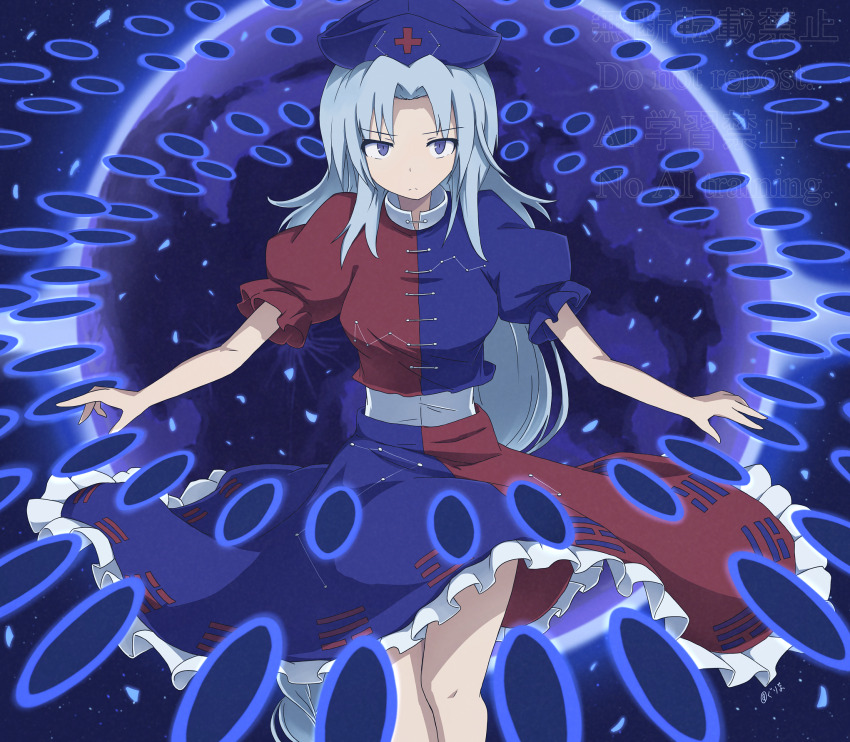 1girl belt blue_dress blue_eyes blue_hat blue_moon blue_sky braid breasts closed_mouth commentary_request constellation_print cowboy_shot cross danmaku dress flying frills full_moon grey_hair gurina_15 hat highres imperishable_night long_hair looking_at_viewer low-braided_long_hair low-tied_long_hair medium_breasts moon night night_sky nurse_cap outdoors parted_bangs puffy_short_sleeves puffy_sleeves red_dress short_sleeves sidelocks single_braid sky solo star_(sky) starry_sky touhou two-tone_dress v-shaped_eyebrows very_long_hair watermark white_belt yagokoro_eirin