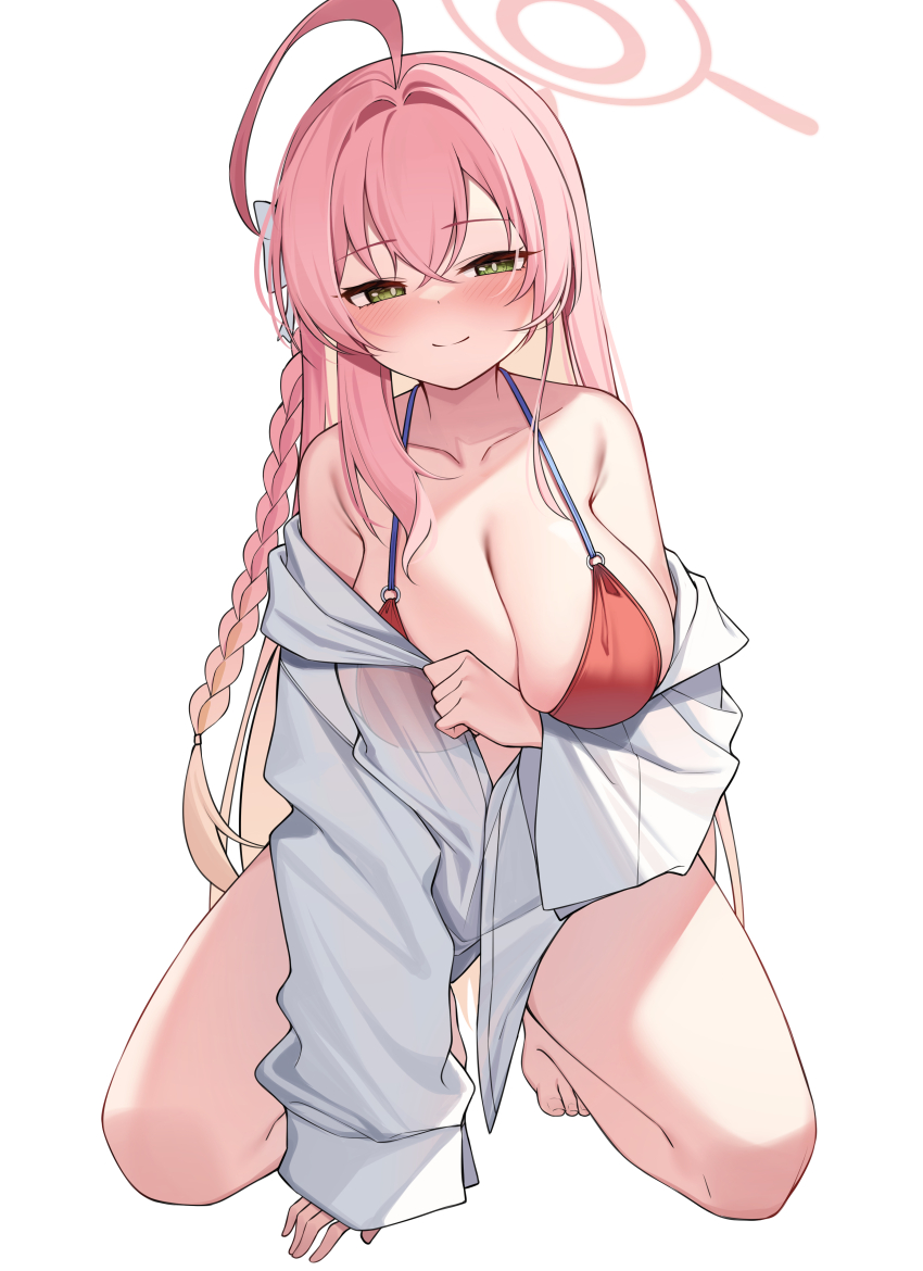 1girl absurdres ahoge bikini blue_archive blush breasts cleavage closed_mouth collarbone commentary_request crossed_bangs green_eyes hair_between_eyes hair_intakes halo hanako_(blue_archive) hanako_(swimsuit)_(blue_archive) highres kneeling korean_commentary large_breasts long_hair long_sleeves looking_at_viewer official_alternate_costume pink_hair pink_halo red_bikini shirt simple_background smile solo swimsuit thighs white_background white_shirt ziro_(zirorong)