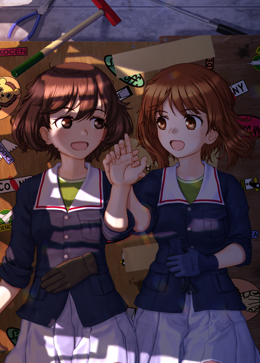 2girls absurdres akiyama_yukari black_gloves blue_jacket brown_eyes brown_hair commentary_request emblem girls_und_panzer gloves green_shirt hammer highres holding_hands jacket leopon_(animal) long_sleeves looking_at_another lying messy_hair military military_uniform miniskirt multiple_girls mushinosuke nishizumi_miho on_back ooarai_military_uniform open_mouth partial_commentary pleated_skirt pliers shirt short_hair single_glove skirt smile unworn_gloves white_skirt yuri
