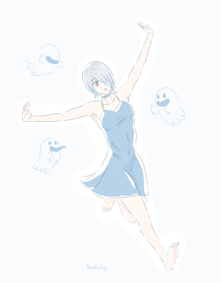 1girl armpits artist_name asymmetrical_bangs bare_shoulders barefoot black_choker black_dress boku_no_hero_academia breasts choker collarbone covered_navel dress expressionless eyelashes feet female_focus fingernails full_body ghost ghost_pose grey_eyes hair_over_one_eye hands_up happy highres legs looking_away matching_hair/eyes medium_breasts medium_hair neck no_bra outstretched_arms parted_lips running short_dress sidelocks silver_hair simple_background sleeveless sleeveless_dress soles standing sundress thighs toenails toes traditional_media yanagi_reiko