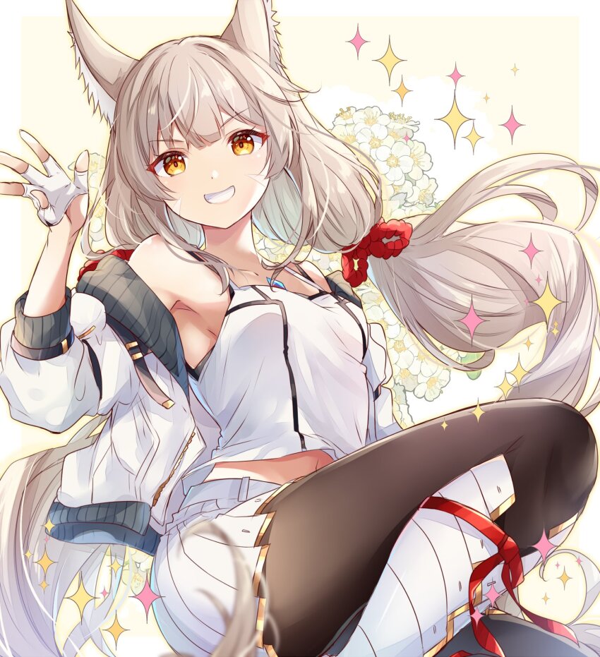 1girl animal_ears breasts camisole cat_ears chest_jewel cosplay facial_mark gloves grey_hair highres jacket long_hair looking_at_viewer mio_(xenoblade) mio_(xenoblade)_(cosplay) nia_(blade)_(xenoblade) nia_(xenoblade) pantyhose skirt small_breasts smile solo tank_top twintails ui_frara very_long_hair white_camisole white_jacket white_skirt white_tank_top xenoblade_chronicles_(series) xenoblade_chronicles_2 yellow_eyes