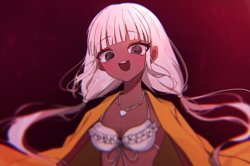 1girl :d bikini breasts cleavage collarbone crazy_eyes danganronpa_(series) danganronpa_v3:_killing_harmony frilled_bikini frills gradient_background grey_hair highres jacket jewelry long_hair medium_breasts necklace open_clothes open_jacket open_mouth orange_jacket red_background ringo_ame_no_ria shell shell_necklace smile solo swimsuit teeth upper_body upper_teeth_only white_bikini yonaga_angie