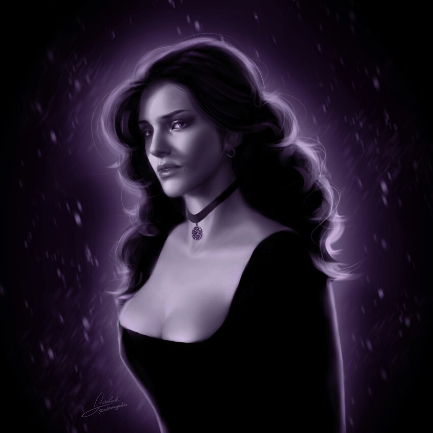 1girl absurdres black_hair glowing glowing_eyes glowing_hair highres non-web_source purple_background realistic solo the_witcher_(series) the_witcher_3 yennefer_of_vengerberg