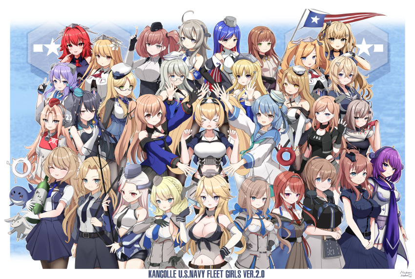 &gt;_&lt; 6+girls absurdres ahoge alcohol american_flag atlanta_(kancolle) bell black_gloves black_one-piece_swimsuit blonde_hair blue_hair bottle bow breast_press breasts brooklyn_(kancolle) brown_hair cleavage closed_eyes collar colorado_(kancolle) country_connection dress drum_(kancolle) enemy_lifebuoy_(kancolle) everyone fingerless_gloves fletcher_(kancolle) flower gambier_bay_(kancolle) gambier_bay_mk_ii_(kancolle) garrison_cap general_belgrano_(kancolle) glasses gloves grey_eyes hair_between_eyes hair_bow hair_flower hair_ornament hairband hairclip hand_on_own_hip hands_on_own_hips hat headgear helena_(kancolle) heywood_l._edwards_(kancolle) highres holding holding_bottle honolulu_(kancolle) hornet_(kancolle) houston_(kancolle) index_finger_raised intrepid_(kancolle) iowa_(kancolle) jacket johnston_(kancolle) kantai_collection langley_(kancolle) large_breasts lexington_(kancolle) long_hair long_necktie maryland_(kancolle) massachusetts_(kancolle) medium_breasts medium_hair metal_collar mini_hat minneapolis_(kancolle) multicolored_hair multiple_girls nazono_neko neck_bell necktie nevada_(kancolle) northampton_(kancolle) one-piece_swimsuit open_mouth own_hands_together phoenix_(kancolle) ponytail purple_eyes purple_hair purple_necktie purple_sailor_collar ranger_(kancolle) red_hair red_hat sailor_collar sailor_dress salmon_(kancolle) samuel_b._roberts_(kancolle) saratoga_(kancolle) scamp_(kancolle) scarf school_uniform serafuku shirt skirt skull_print small_breasts south_dakota_(kancolle) star_(symbol) star_hair_ornament streaked_hair swimsuit tuscaloosa_(kancolle) twintails two-tone_one-piece_swimsuit v wahoo_(kancolle) wahoo_kai_(kancolle) washington_(kancolle) wavy_hair white_dress white_flower white_one-piece_swimsuit white_overskirt white_scarf