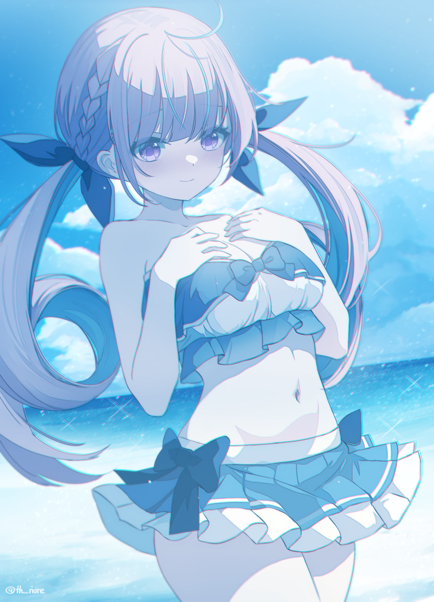 1girl alternate_costume beach bikini bikini_skirt blue_bikini blue_bow blue_hair blue_ribbon blue_skirt blue_theme blunt_bangs bow bow_skirt braid closed_mouth cloud cloudy_sky collarbone colored_inner_hair commentary_request cowboy_shot floating_clothes frilled_bikini frills hair_ribbon hands_on_own_chest hands_up highres hololive light_blush light_smile long_hair minato_aqua multicolored_hair navel nore_th ocean outdoors pink_eyes purple_hair ribbon sidelocks skirt sky sleeveless solo standing streaked_hair swimsuit thighs twintails twitter_username very_long_hair virtual_youtuber white_bikini