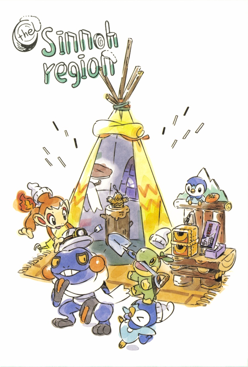 &gt;_&lt; absurdres animal_focus beanie carving chimchar closed_eyes clothed_pokemon colored_sclera creatures_(company) croagunk english_text fire food game_freak gen_4_pokemon hat helmet highres holding holding_helmet holding_shovel leaf mining_helmet mizutani_megumi mouth_hold nintendo no_humans official_art old_gateau open_mouth piplup poffin pokemon pokemon_(creature) pokemon_dppt pokemon_focus rug scarf shovel simple_background snover standing_on_another&#039;s_head starter_pokemon_trio teepee teeth tent third-party_source turtwig white_background white_hat white_helmet white_scarf yellow_sclera