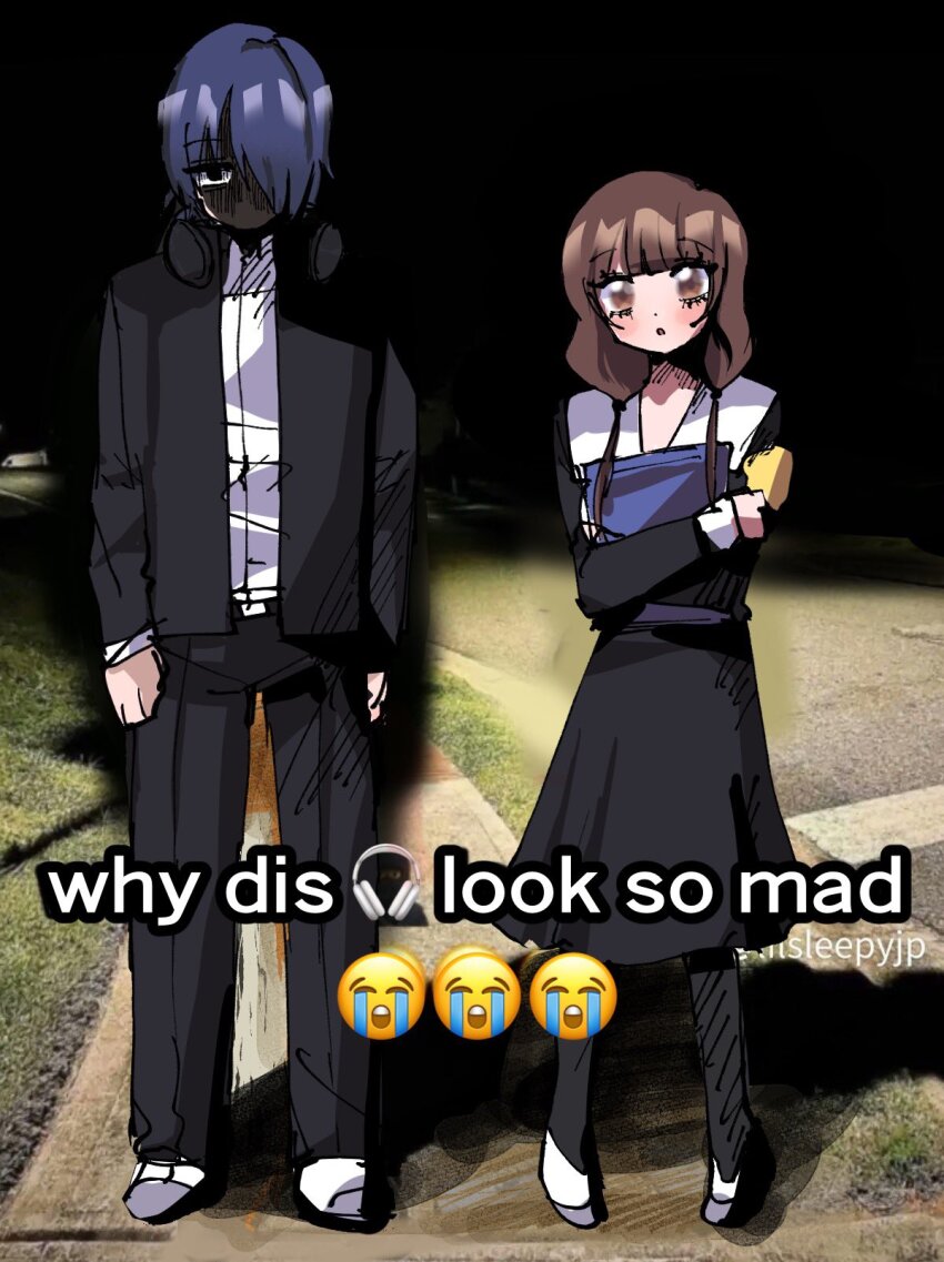 1boy 1girl armband black_dress brown_eyes brown_hair clipboard dress english_text hair_over_one_eye headphones headphones_around_neck hetero highres holding holding_clipboard iino_miko ishigami_yuu kaguya-sama_wa_kokurasetai_~tensai-tachi_no_renai_zunousen~ low_twintails meme n1ku22a non-web_source school_uniform shuuchiin_academy_school_uniform twintails why_dis_ninja_look_so_mad_(meme) yellow_armband