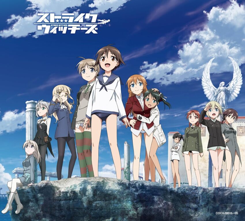 501st_joint_fighter_wing 6+girls black_hair black_jacket black_thighhighs blonde_hair blue_eyes blue_jacket blue_one-piece_swimsuit blue_sky boots braid brown_hair building charlotte_e._yeager closed_eyes cloud cloudy_sky column dark-skinned_female dark_skin eila_ilmatar_juutilainen erica_hartmann francesca_lucchini gertrud_barkhorn glass green_jacket hand_on_own_hip highres hug jacket long_hair lynette_bishop military military_uniform minna-dietlinde_wilcke miyafuji_yoshika multiple_girls neckerchief necktie no_pants official_art one-piece_swimsuit open_mouth orange_hair outdoors pantyhose perrine_h._clostermann pillar red_eyes red_hair red_jacket ruins sailor_collar sakamoto_mio sanya_v._litvyak school_swimsuit school_uniform shirt shoes short_hair single_braid sitting sky smile standing statue strike_witches striped_clothes striped_thighhighs swimsuit swimsuit_under_clothes thighhighs twintails white_hair white_jacket white_shirt white_thighhighs world_witches_series