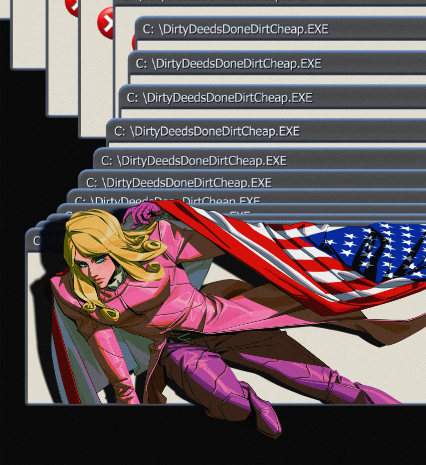 1boy absurdres american_flag blonde_hair blue_eyes closed_mouth coat commentary curly_hair english_commentary funny_valentine gloves haddockkkk highres jojo_no_kimyou_na_bouken male_focus pants pink_coat purple_gloves purple_pants revision solo steel_ball_run window_(computing)