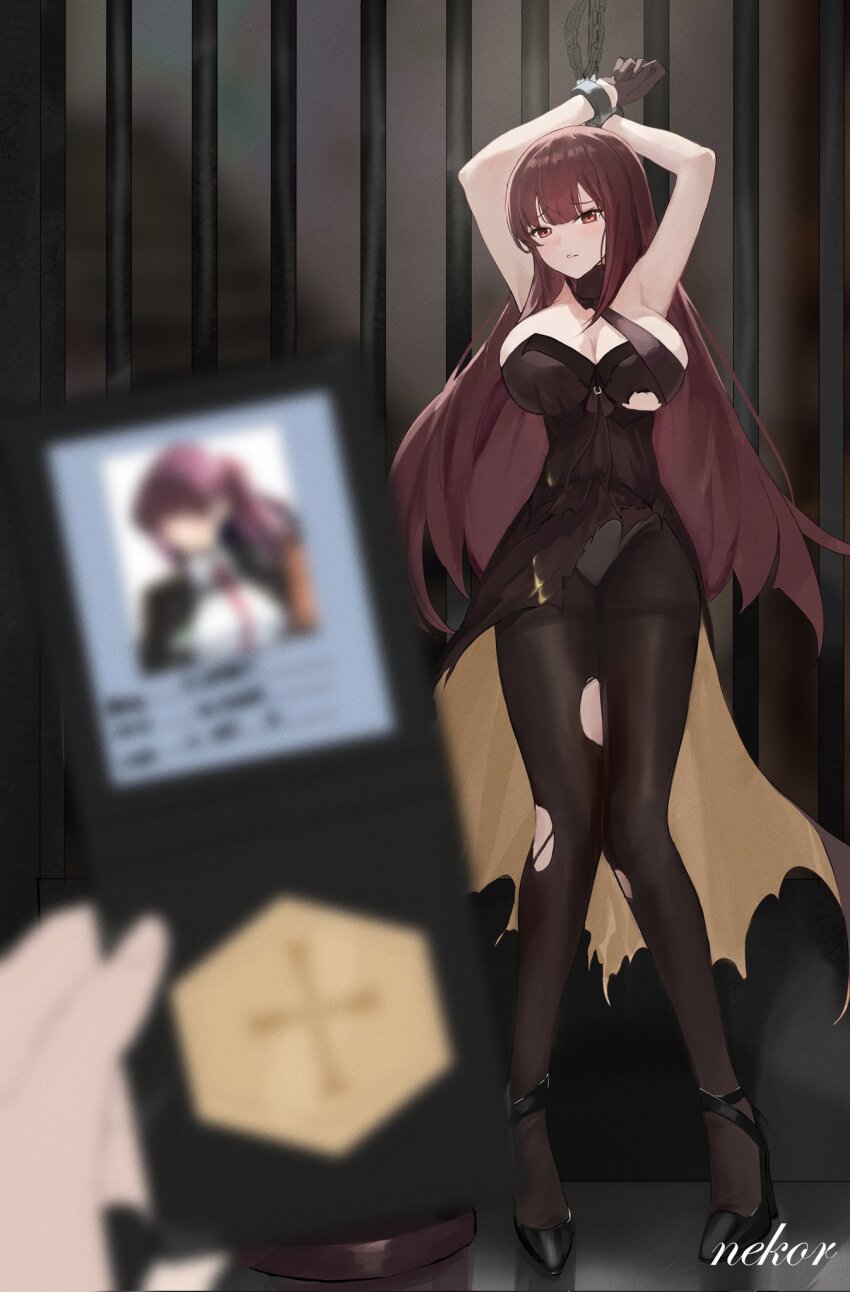 1girl 1other bdsm black_shoes bondage bound breasts brown_dress brown_pantyhose cuffs dress full_body girls&#039;_frontline girls&#039;_frontline_2:_exilium high_heels highres large_breasts looking_at_viewer makiatto_(girls&#039;_frontline_2) pantyhose qijiu_shi_yu shoes twitter wa2000_(ballroom_interlude)_(girls&#039;_frontline) wa2000_(girls&#039;_frontline)