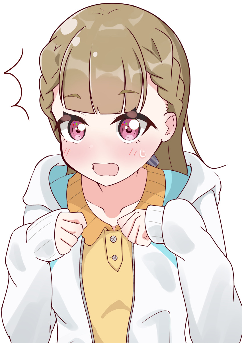 1girl ^^^ absurdres anyoji_hime borrowed_clothes braid brown_hair center-flap_bangs check_commentary collarbone collared_shirt commentary_request highres hood hooded_jacket jacket kachimachi_kosuzu kachimachi_kosuzu_(summer_training_wear) link!_like!_love_live! long_hair long_sleeves looking_at_viewer love_live! open_clothes open_jacket open_mouth pink_eyes polo_shirt ryukyu_no_warai shirt side_ahoge side_braids sleeves_past_wrists solo straight_hair surprised sweatdrop upper_body virtual_youtuber white_jacket yellow_shirt