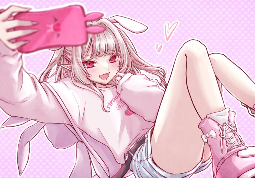 1girl backpack bag belt blush cellphone denim denim_shorts fangs grey_hair heart heart_print highres long_hair makaino_ririmu mochii_(haraherinotami) multicolored_hair nijisanji open_mouth phone pink_hair pointy_ears print_background red_eyes shoes short_shorts shorts smartphone smile sneakers solo sweater two-tone_hair virtual_youtuber