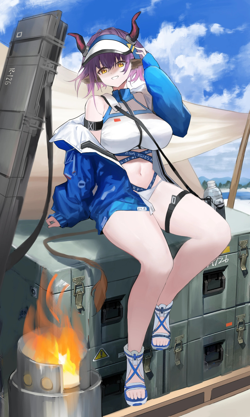 1girl :d absurdres arknights arm_up blue_jacket blue_sandals bottle breasts chinese_commentary clothes_writing cloud commentary_request day drink feet fire full_body gradient_hair grin hair_between_eyes highres horns jacket laoshi_wo_hao_e large_breasts looking_at_viewer multicolored_hair navel off_shoulder official_alternate_costume open_mouth outdoors pink_hair purple_hair purple_horns sandals short_hair sideroca_(arknights) sideroca_(light_breeze)_(arknights) sitting smile solo tail thigh_strap toes visor_cap white_sandals yellow_eyes