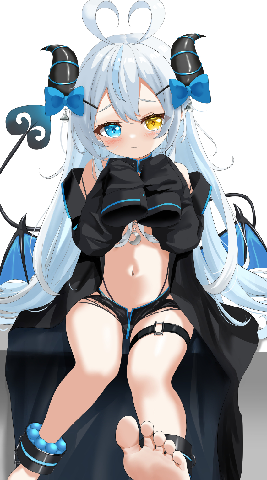 1girl absurdres akugaki_koa antenna_hair barefoot black_coat black_panties black_shorts black_shrug blue_bow blue_eyes blue_hair blush bow coat commentary_request commission crescent_pendant cuffs demon_girl demon_horns demon_tail demon_wings diamond-shaped_pupils diamond_(shape) ekarisu foot_up frown hair_bow hands_up head_tilt heart_antenna_hair heterochromia highleg highleg_panties highres horns idol_corp long_hair looking_at_viewer low_wings micro_shorts navel o-ring o-ring_thigh_strap off_shoulder own_hands_together panties pixiv_commission shackles shorts shrug_(clothing) simple_background sitting sleeves_past_fingers sleeves_past_wrists smile stomach symbol-shaped_pupils tail thigh_strap torn_clothes torn_shorts underwear very_long_hair virtual_youtuber white_background wings yellow_eyes