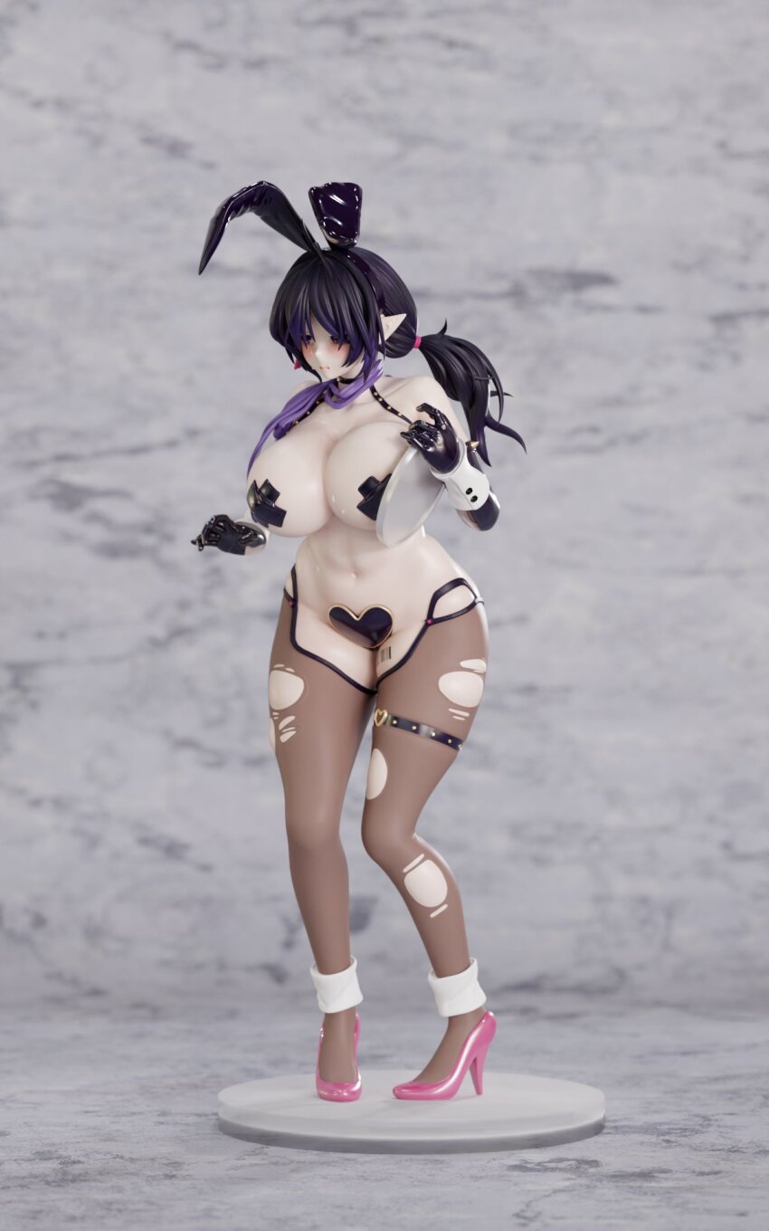1girl 3d animal_ears black_gloves blush breasts breasts_squeezed_together brown_dust_(series) brown_dust_2 cleavage elbow_gloves fake_animal_ears figure full_body gloves hair_between_eyes heart_maebari high_heels highres holding holding_tray huge_breasts illlrabbit large_variant_set latex latex_gloves leg_tattoo loen_(brown_dust_2) loen_(celebrity_bunny)_(brown_dust_2) looking_ahead maebari navel pantyhose pink_shoes purple_eyes purple_hair rabbit_ears shoes short_twintails solo stiletto_heels stomach tattoo thigh_strap torn_clothes torn_pantyhose tray twintails variant_set