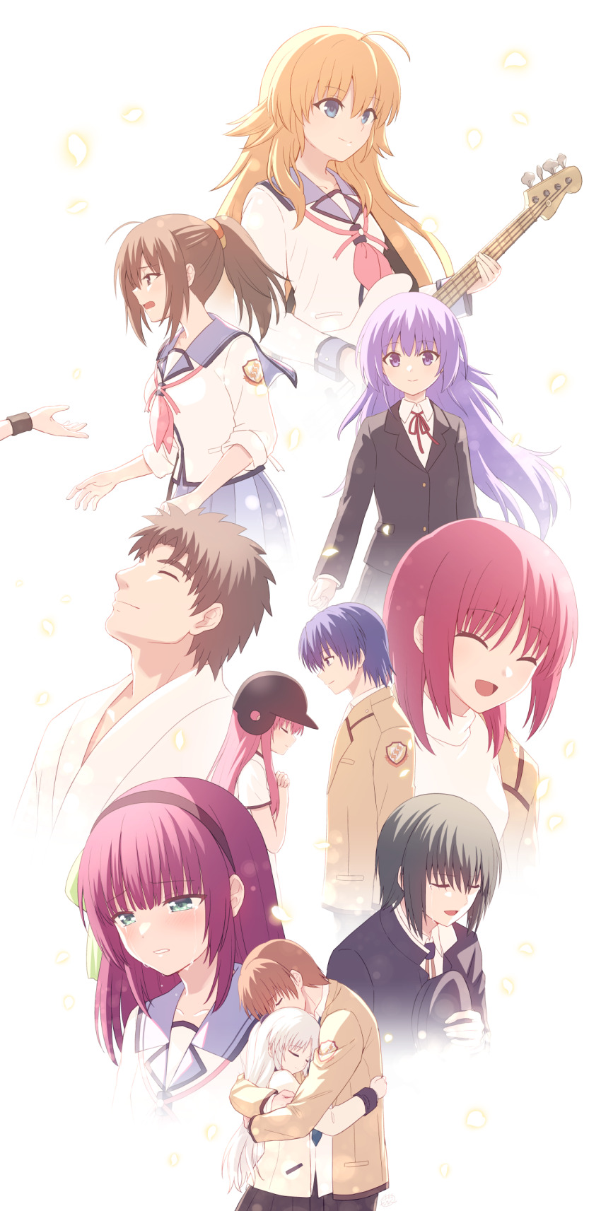 4boys 6+girls :d ^_^ absurdres ahoge angel_beats! anniversary baseball_cap black_hairband black_jacket blonde_hair blue_eyes blue_hair blunt_bangs blush brown_hair closed_eyes closed_mouth collared_shirt commentary_request couple crying crying_with_eyes_open floating_hair green_eyes guitar hairband half-closed_eyes happy hat highres hinata_hideki hisako_(angel_beats!) holding holding_guitar holding_instrument hug instrument irie_miyuki iwasawa_masami jacket light_particles long_hair long_sleeves looking_ahead looking_at_another looking_at_viewer matsushita_(angel_beats!) medium_hair multiple_boys multiple_girls nakamura_hinato nakamura_yuri naoi_ayato neck_ribbon neckerchief open_mouth orange_hair otonashi_yuzuru pink_hair pink_neckerchief ponytail profile purple_eyes purple_hair red_ribbon ribbon school_uniform sekine_shiori shinda_sekai_sensen_uniform shirt short_hair sidelocks simple_background sleeves_rolled_up smile spiked_hair straight_hair streaming_tears tachibana_kanade tears upper_body very_long_hair white_background white_hair white_shirt yellow_jacket yui_(angel_beats!)
