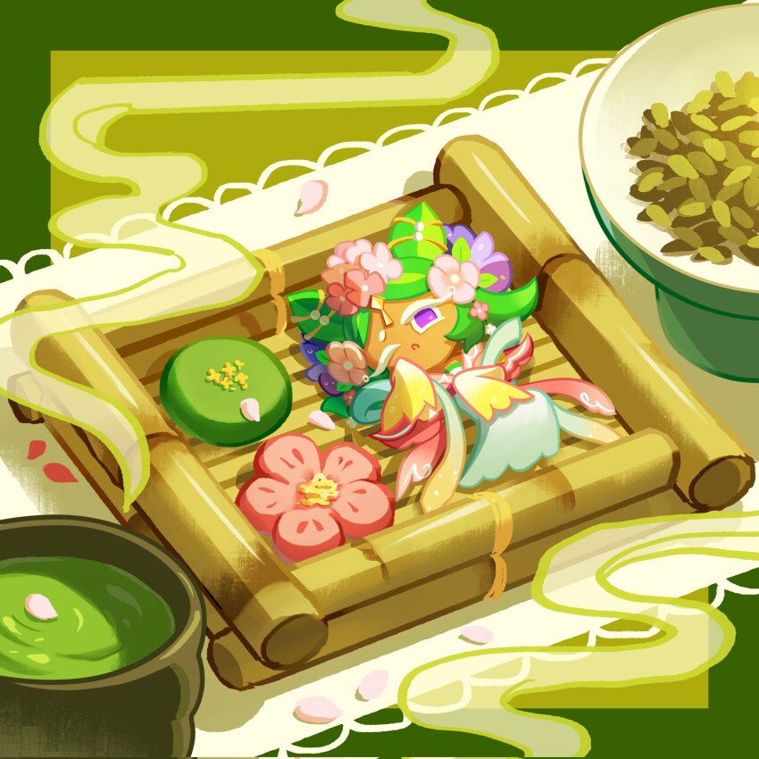 1girl bamboo cookie_run cookie_run:_ovenbreak cup flower food full_body geruideyundongxie green_hair green_tea hair_flower hair_ornament highres hydrangea_cookie hydrangea_cookie_(lotus_palace&#039;s_best_employee) looking_at_viewer medium_hair mochi namagashi one_eye_closed petals solo steam tea tray yunomi