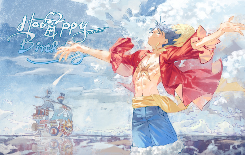 1boy ^_^ black_hair blue_shorts boat closed_eyes commentary_request cross_scar dated happy_birthday hat highres jolly_roger monkey_d._luffy ocean one_piece outstretched_arms red_shirt sash scar scar_on_chest shirt shorts siyangou49 straw_hat straw_hats_jolly_roger thousand_sunny watercraft yellow_sash yellow_shirt