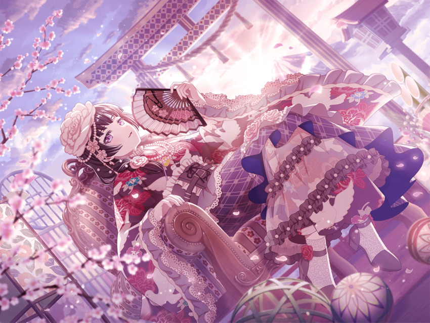 1girl ankle_socks armchair ball bang_dream! black_hair braid chair cherry_blossoms dutch_angle floral_print floral_print_kimono flower folding_fan frilled_skirt frills hair_flower hair_ornament hair_over_shoulder hand_fan high_heels hime_cut holding holding_fan japanese_clothes jewelry kimono lace_trim lantern layered_skirt long_hair looking_at_viewer necklace official_art outdoors parted_lips pearl_necklace print_kimono purple_eyes rose see-through_clothes see-through_skirt shirokane_rinko single_braid sitting skirt smirk socks solo sunburst sunrise temari_ball third-party_source torii tree wide_sleeves wooden_lantern