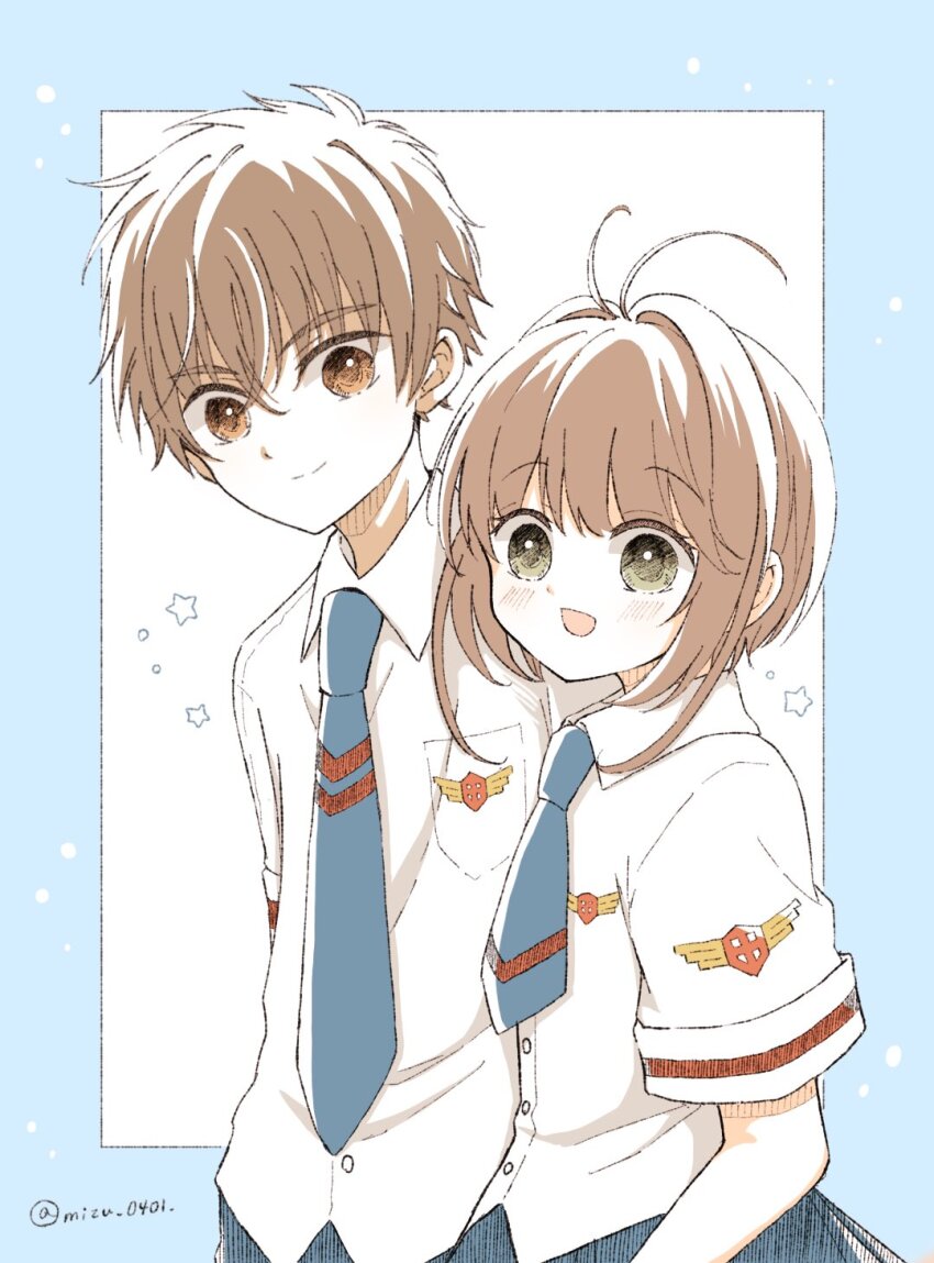 1boy 1girl antenna_hair blue_border blue_necktie border brown_eyes brown_hair cardcaptor_sakura commentary green_eyes highres kinomoto_sakura li_syaoran mizu_0401 necktie open_mouth outside_border school_uniform shirt short_hair short_necktie smile star_(symbol) symbol-only_commentary tomoeda_elementary_school_uniform white_shirt