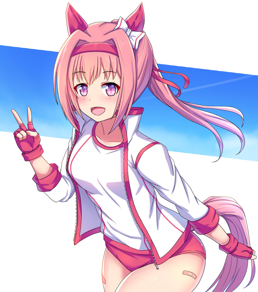 1girl absurdres animal_ears bandaid bandaid_on_leg blush bow breasts buruma ear_bow ear_covers fingerless_gloves flower-shaped_pupils flower_in_eye gloves hairband haru_urara_(bestest_prize)_(umamusume) haru_urara_(umamusume) headband highres horse_ears horse_girl horse_tail jacket long_hair looking_at_viewer open_clothes open_jacket open_mouth pink_buruma pink_eyes pink_hair pink_headband ponytail red_buruma red_gloves red_headband shirt smile solo symbol-shaped_pupils symbol_in_eye tail textless_version thighs umamusume v volk_(bo-tan) white_jacket white_shirt