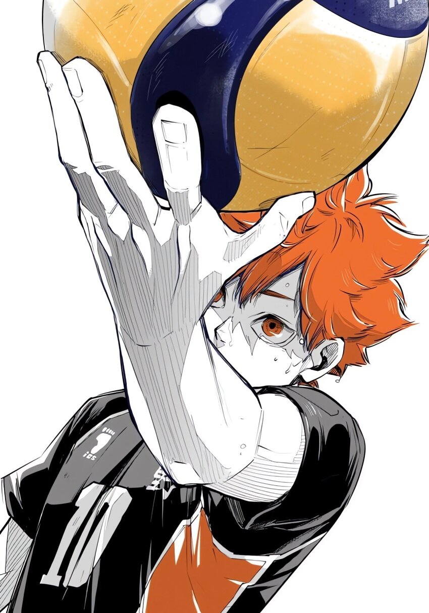 1boy arm_up ball brown_eyes dutch_angle fingernails furudate_haruichi haikyuu!! highres hinata_shouyou holding holding_ball karasuno_volleyball_uniform looking_at_object male_focus orange_hair parted_bangs sanpaku short_hair short_sleeves simple_background solo sportswear sweat third-party_source upper_body volleyball_(object) volleyball_uniform white_background