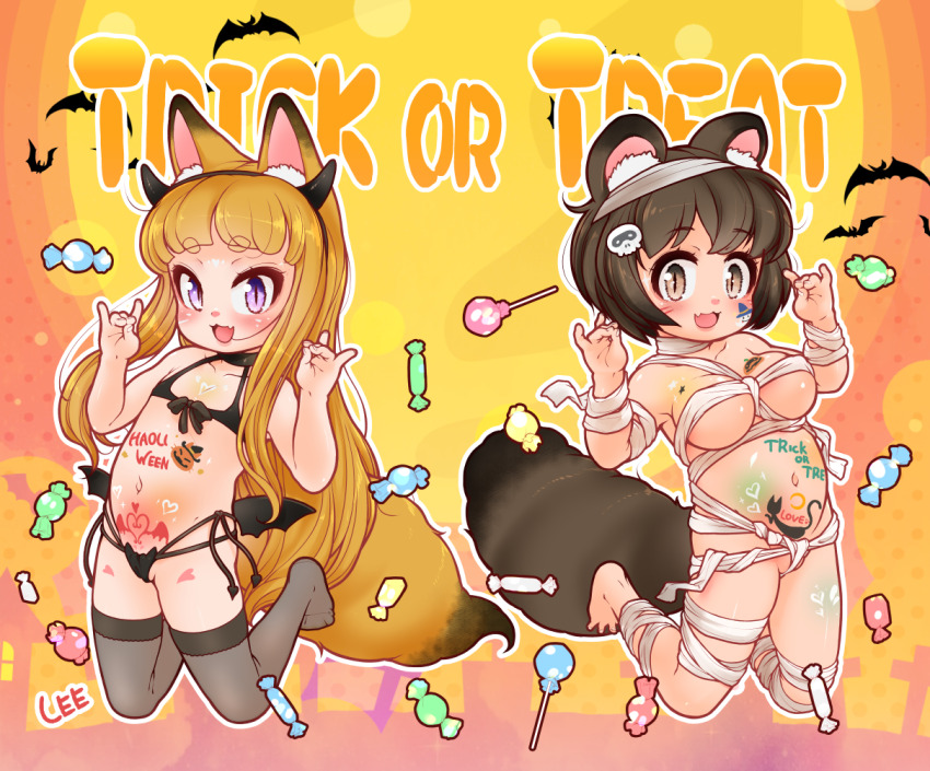 2girls :3 animal_ear_fluff animal_ears arms_up artist_name bandages barefoot bikini black_bikini black_thighhighs blonde_hair blush body_writing breasts brown_eyes brown_hair candy demon_wings double_fox_shadow_puppet fake_horns fake_wings fang feet flat_chest food fox_ears fox_girl fox_shadow_puppet fox_tail groin halloween halloween_costume horns kneeling komugi_(lee) large_breasts lee_(colt) loli lollipop long_hair micro_bikini miku_(lee) multiple_girls mummy_costume naked_bandage navel no_shoes open_mouth original pink_eyes pubic_tattoo raccoon_ears raccoon_girl raccoon_tail short_hair side-tie_bikini_bottom slit_pupils smile stomach swimsuit tail tattoo thighhighs thighs toes trick_or_treat wings