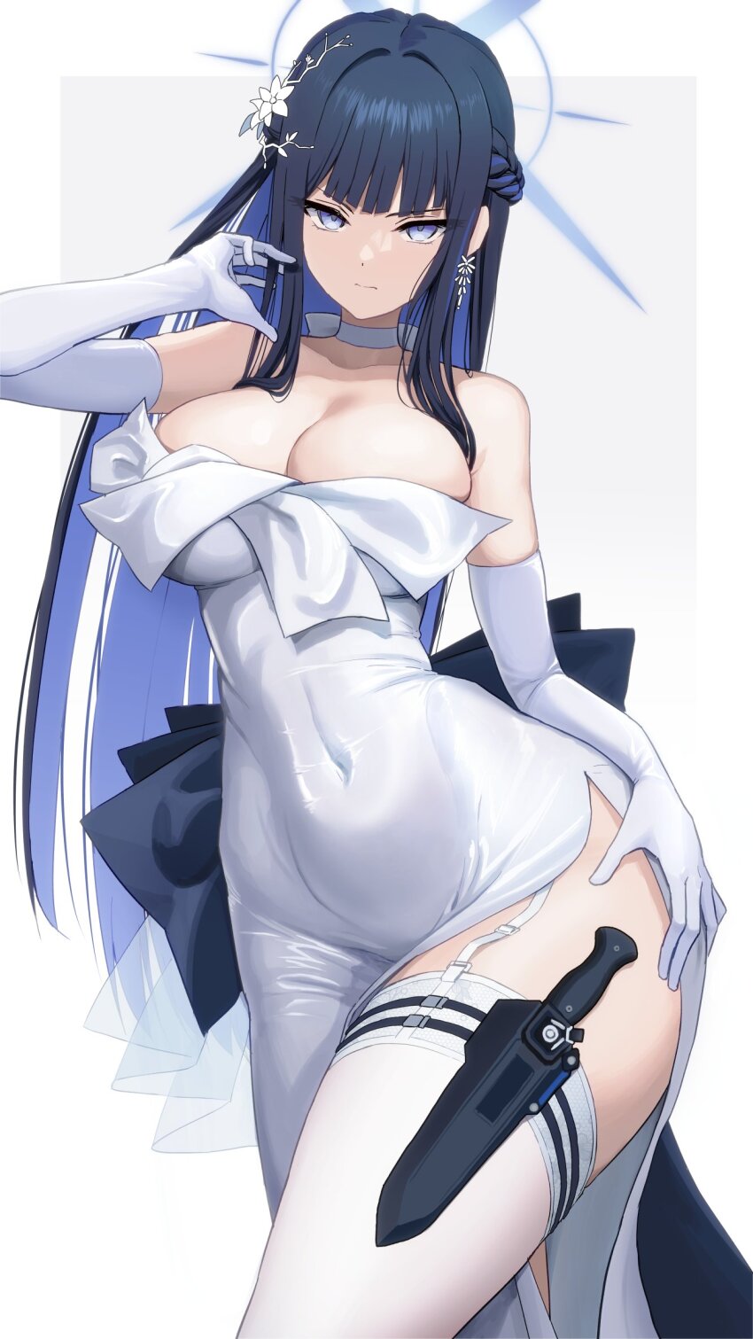 1girl blue_archive blue_halo breasts cleavage colored_inner_hair commentary_request dress earrings elbow_gloves gloves hair_ornament halo highres holster jewelry knife_sheath large_breasts long_hair looking_at_viewer multicolored_hair official_alternate_costume revision saori_(blue_archive) saori_(dress)_(blue_archive) sheath solo thigh_holster thigh_sheath thighhighs thighs toba_kuti white_dress white_gloves white_thighhighs
