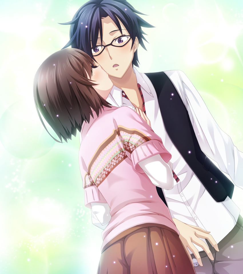 1boy 1girl blush brown_hair brown_pants brown_shorts chaos;child chaos;child_love_chu_chu!! closed_eyes collared_shirt game_cg glasses hand_on_another&#039;s_chest highres kiss kissing_cheek long_sleeves messy_hair miyashiro_takuru necktie non-web_source official_art open_clothes open_mouth open_vest pants pantyhose pantyhose_under_shorts pink_socks pink_sweater purple_eyes sasaki_mutsumi shirt short-sleeved_sweater short_hair short_sleeves shorts socks surprise_kiss surprised sweater tachibana_yui tongue trample undone_necktie vest