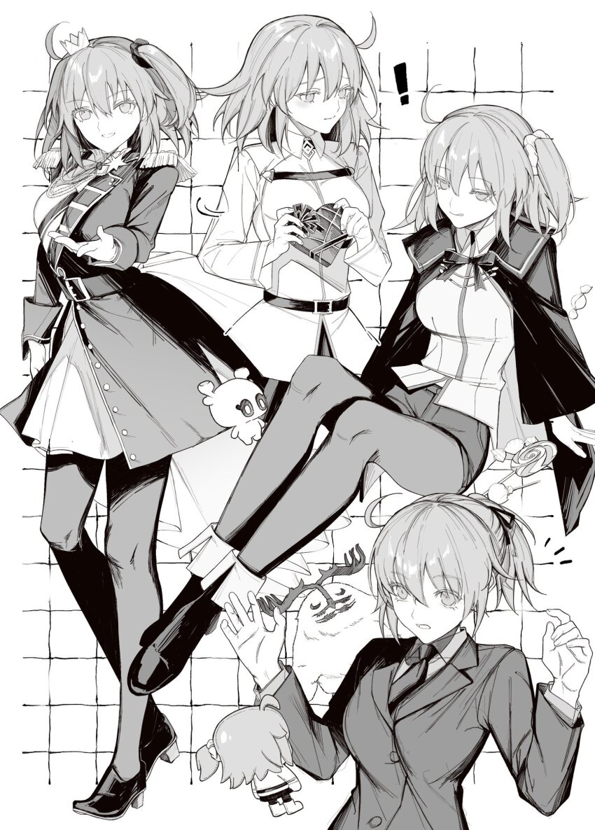 1girl ahoge aranami73 box candy cape cernunnos_(fate) chaldea_uniform chocolate crown epaulettes fate/grand_order fate_(series) food formal_clothes fujimaru_ritsuka_(female) fujimaru_ritsuka_(female)_(halloween_royalty) fujimaru_ritsuka_(female)_(mage&#039;s_association_uniform) fujimaru_ritsuka_(female)_(royal_brand) gift hair_ornament hair_scrunchie heart heart-shaped_box heart-shaped_pupils highres holding holding_gift horns mini_crown multiple_views ponytail scrunchie suit symbol-shaped_pupils valentine