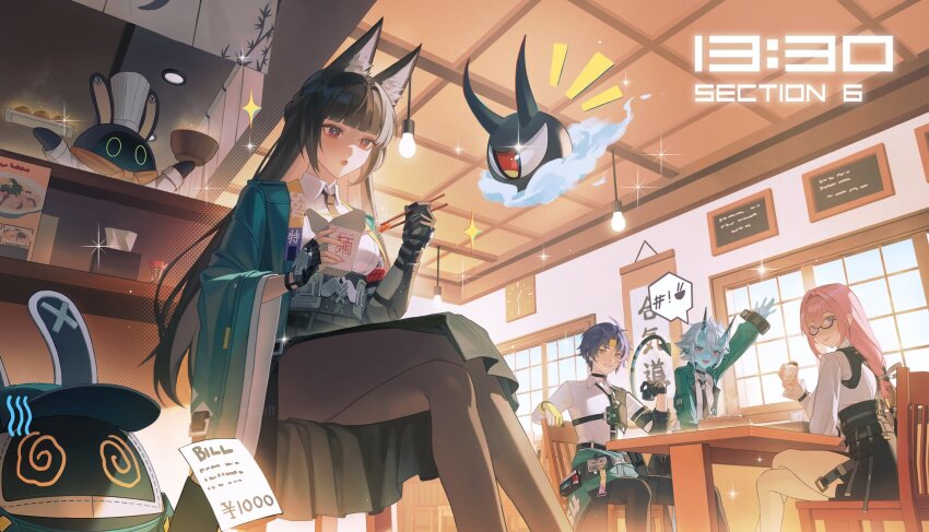 1boy 3girls animal_ears arm_up asaba_harumasa bangboo_(zenless_zone_zero) black_hair black_necktie blue_skin chair chef_hat chopsticks colored_skin commentary cuffs english_text fingerless_gloves food fox_ears fox_girl glasses gloves green_jacket hat highres holding holding_chopsticks horns hoshimi_miyabi indoors jacket light_bulb long_hair long_sleeves multiple_girls necktie oni oyster_pail purple_eyes receipt red_eyes restaurant shirt sitting soukaku_(zenless_zone_zero) spoken_symbol tailless_(zenless_zone_zero) timestamp tsukishiro_yanagi white_shirt wide_sleeves window xiisalt zenless_zone_zero