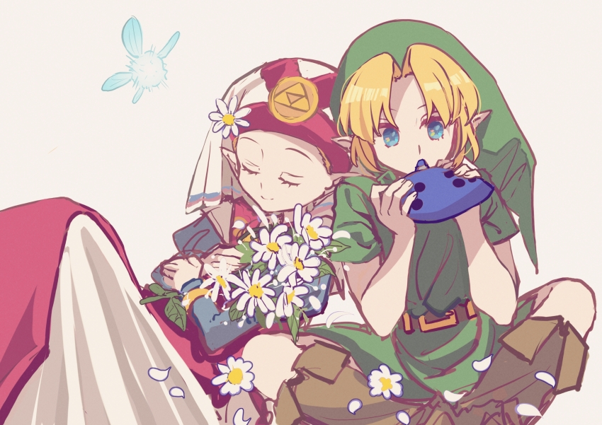1boy 1girl absurdres belt blonde_hair blue_eyes blue_sleeves boots brown_belt brown_footwear child closed_eyes closed_mouth daisy_(flower) dress fairy flower green_hat green_tunic hat highres holding holding_flower indian_style instrument juliet_sleeves leaning_on_person link long_dress long_sleeves music navi nintendo ocarina pink_dress playing_instrument pointy_ears princess_zelda puffy_sleeves shocho_(shaojiujiu) simple_background sitting smile the_legend_of_zelda the_legend_of_zelda:_ocarina_of_time triforce tunic two-tone_dress white_background white_dress white_flower white_headdress white_petals young_link young_zelda