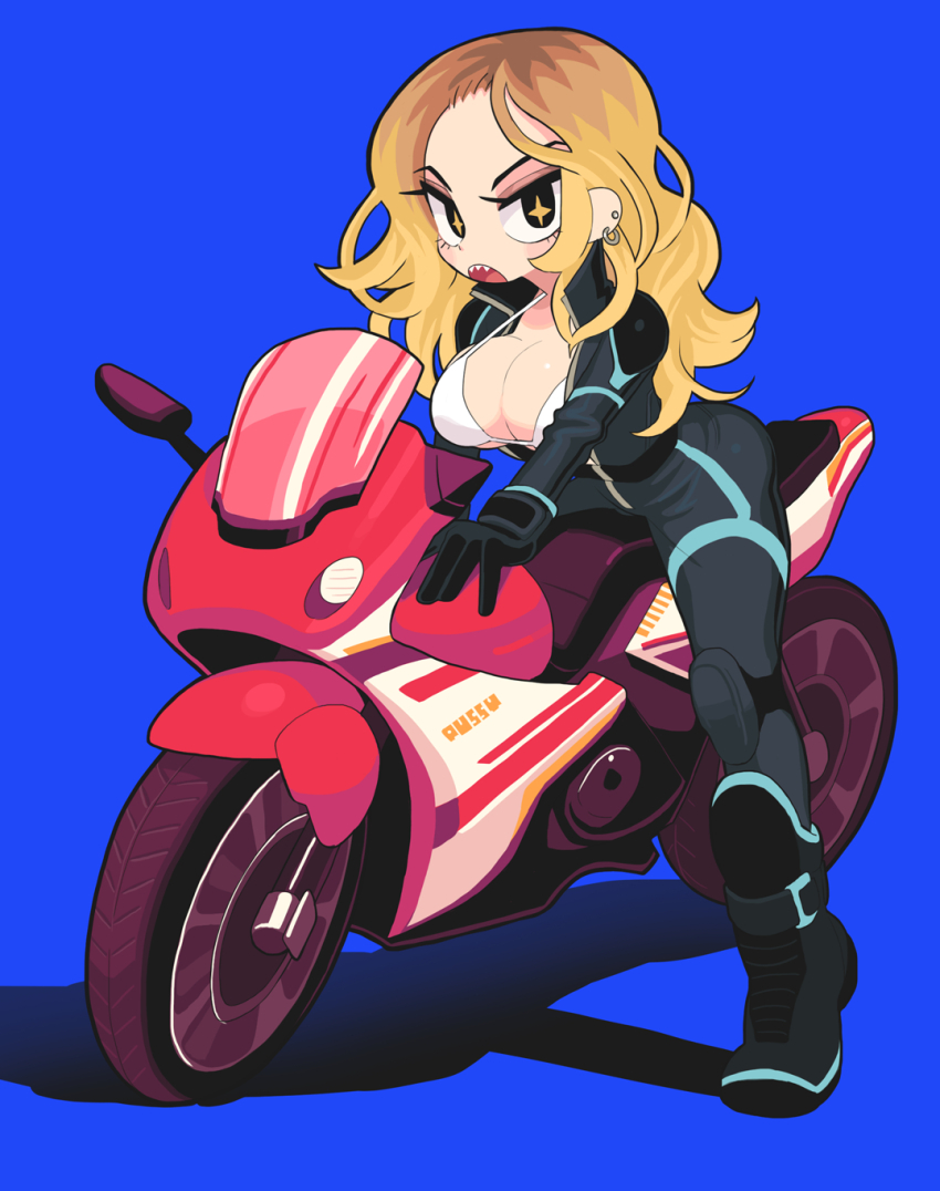 1girl blue_background boots breasts character_request cleavage commentary copyright_request earrings gashi-gashi gloves highres jewelry large_breasts long_hair looking_at_viewer motor_vehicle motorcycle open_mouth sharp_teeth simple_background solo symbol-only_commentary teeth upper_teeth_only