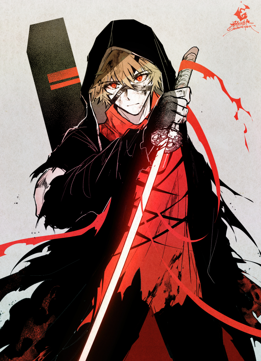 1boy arknights black_gloves black_jacket black_pants brown_hair character_request closed_mouth fingerless_gloves gloves grey_background hair_between_eyes hateful_avenger_(arknights) highres holding holding_sword holding_weapon hood hood_up hooded_jacket jacket katana looking_at_viewer male_focus oonohara_kenya pants red_eyes red_shirt shirt signature simple_background solo sword torn_clothes torn_shirt weapon