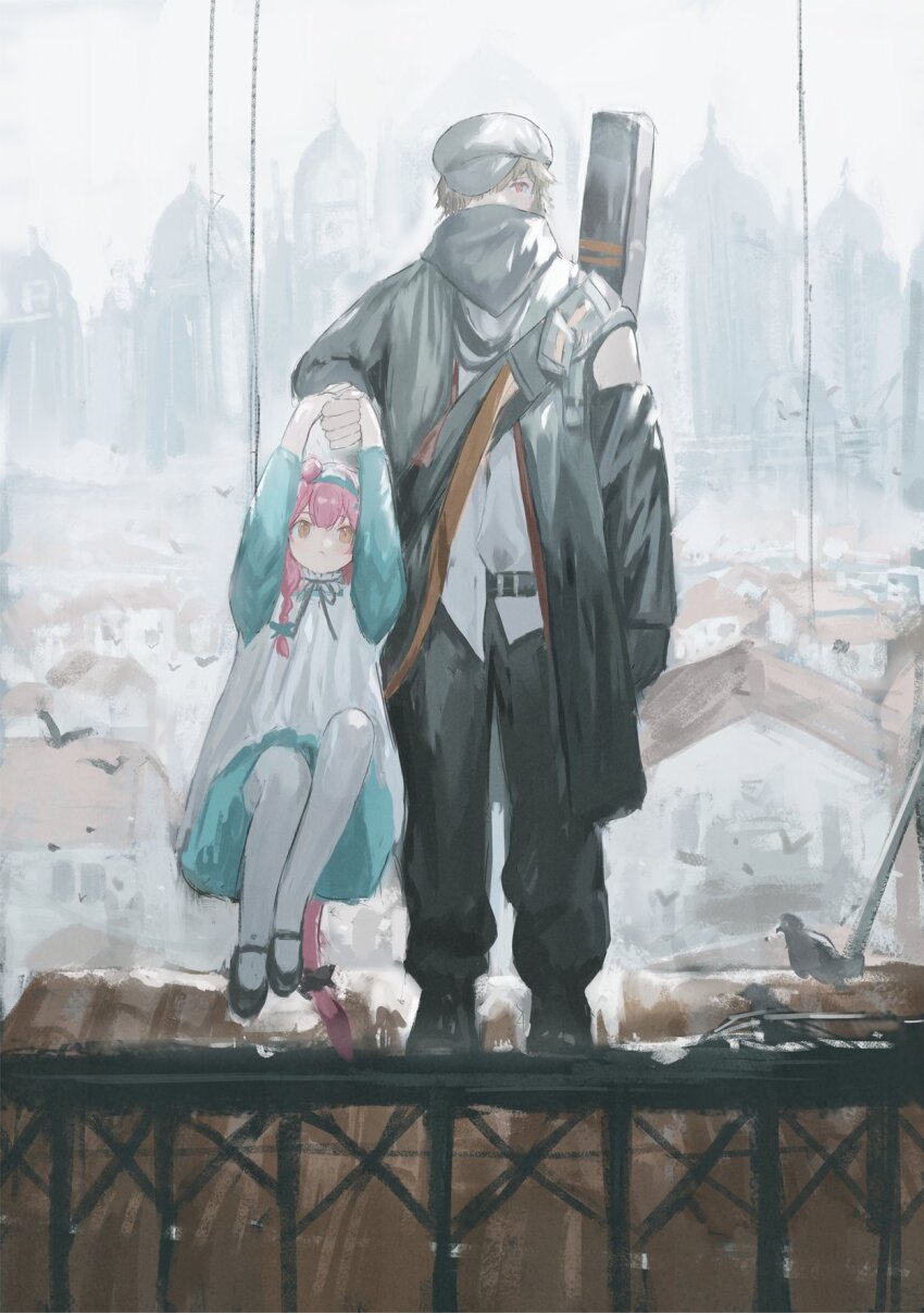 1boy 1girl animal_ears arknights beret bird black_footwear black_gloves black_hat black_jacket black_pants black_scarf brown_hair building cat_ears cat_girl cat_tail commentary dress gloves goldenglow_(arknights) goldenglow_(maiden_for_the_bright_night)_(arknights) green_dress gumiaoandpeace hair_over_one_eye hat highres jacket mary_janes outdoors painterly pants pantyhose pinafore_dress pink_hair railing red_(npc)_(arknights) red_eyes scarf sheath shirt shoes short_hair sleeveless sleeveless_dress tail white_dress white_pantyhose white_shirt yellow_eyes