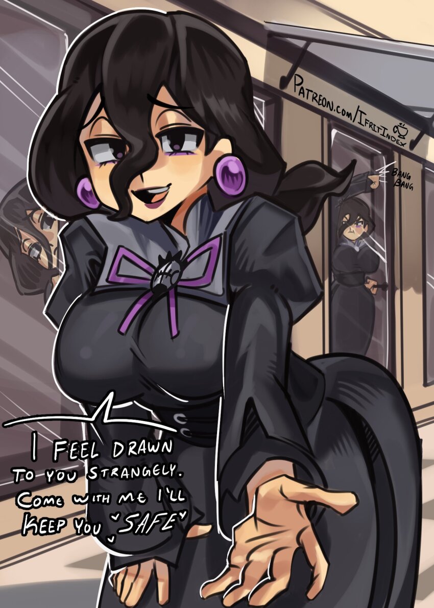 3girls black_dress black_hair breasts dress earrings hair_between_eyes hex_maniac_(pokemon) hex_maniac_(pokemon_legends:_z-a) highres jewelry large_breasts leaning_forward long_hair_between_eyes medium_hair moxydraws multiple_girls nintendo open_mouth pokemon pokemon_legends:_z-a purple_eyes reaching reaching_towards_viewer smile
